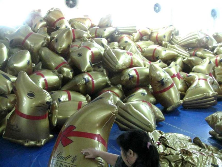 Gold inflatable Lindt bunnies