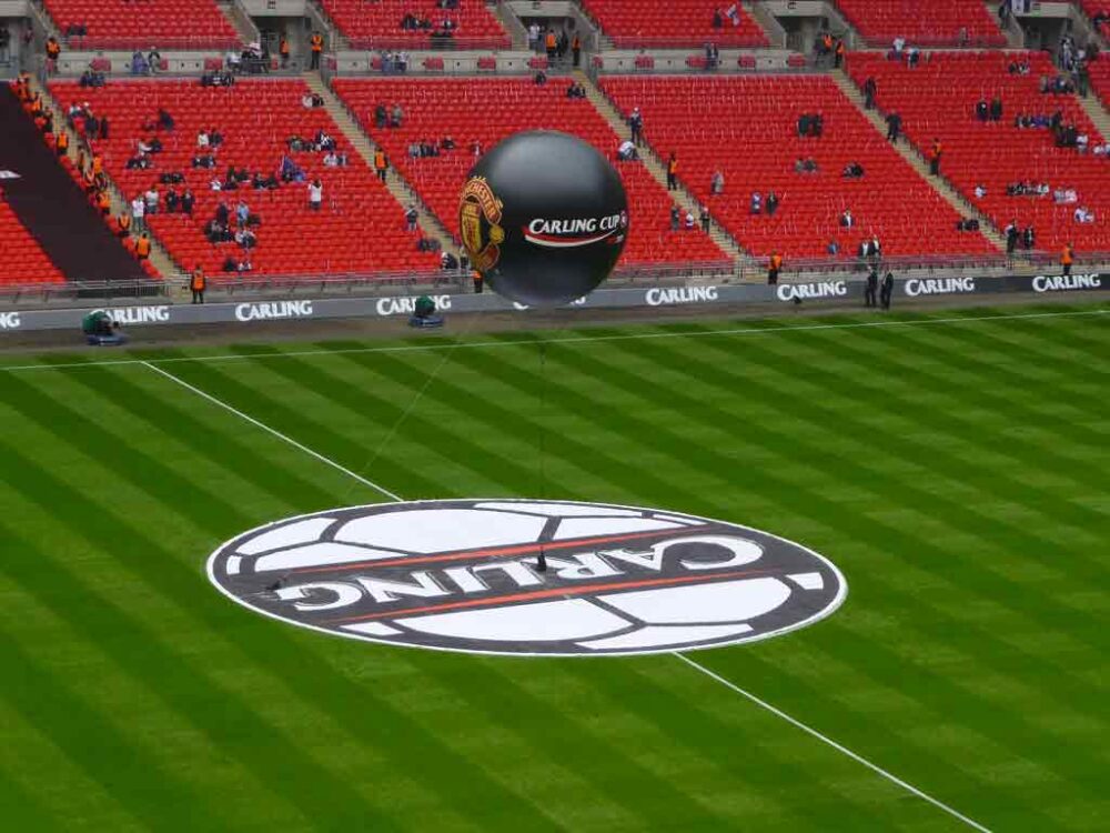 Giant inflatable Manchester United sphere at Carling Cup above football ground