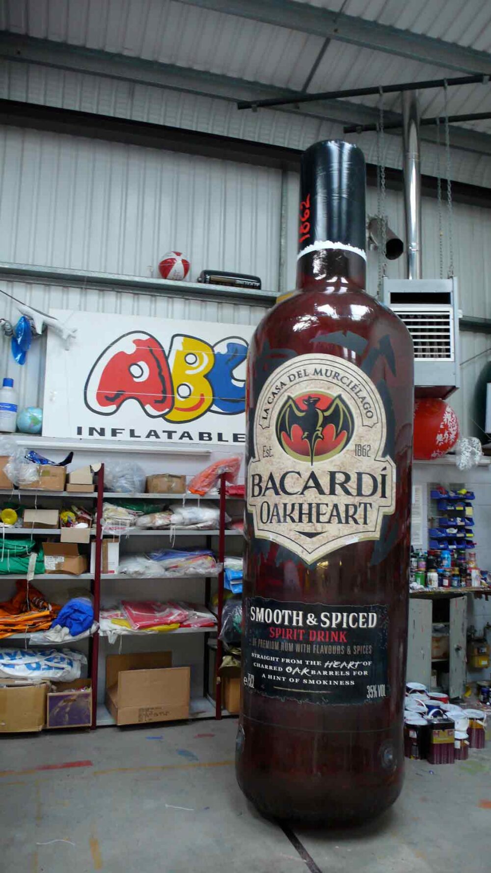 Inflatable Bacardi Oakheart bottle in ABC Inflatables workshop