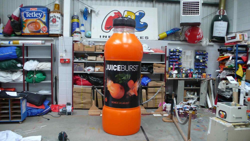 Inflatable replica Juice Burst bottle in ABC Inflatables workshop