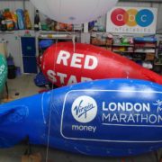 Colourful blimps with temporary branding