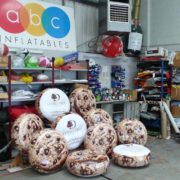 Group of round inflatable cushions with Double Tree branding