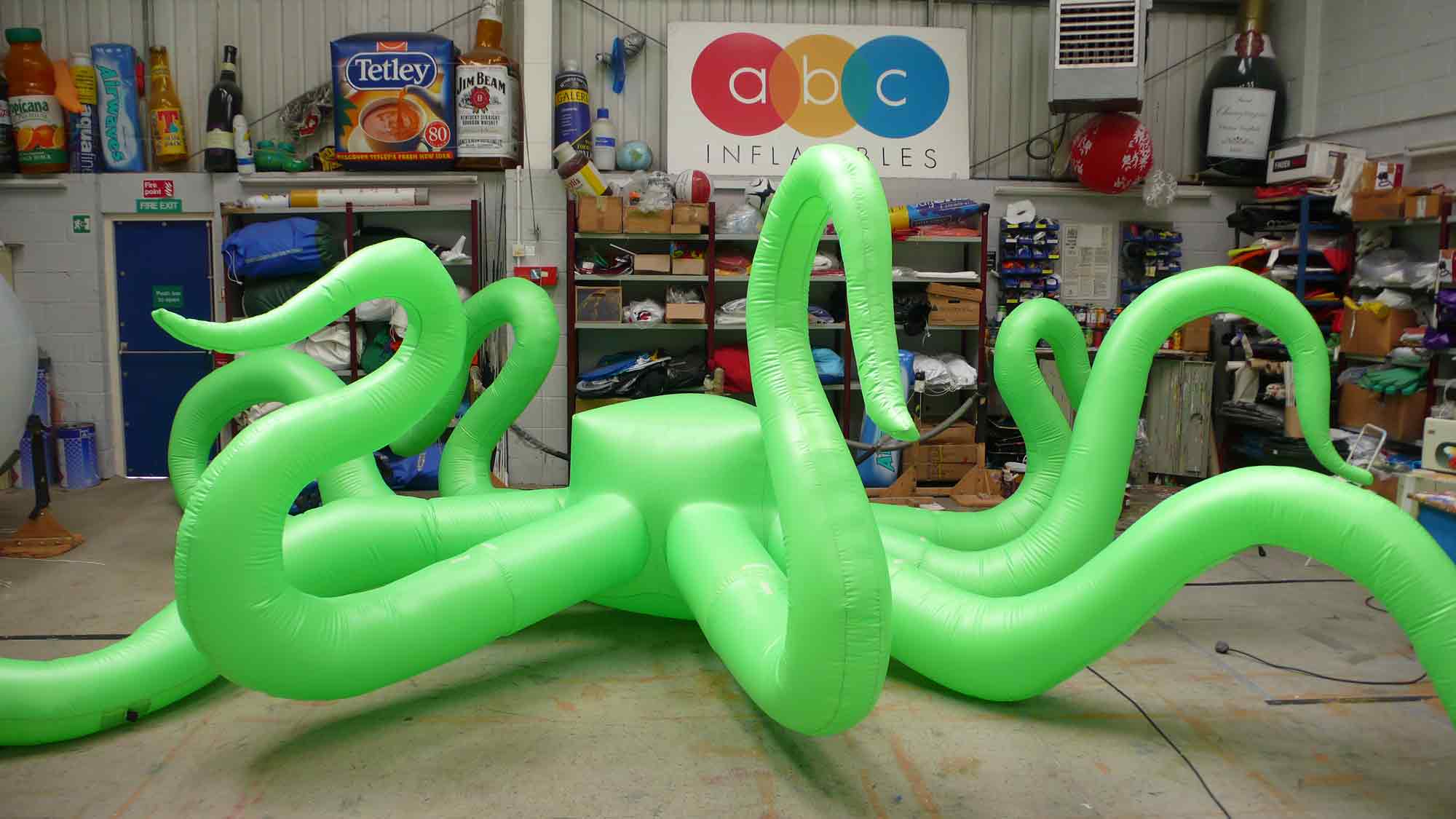 Giant octopus awaiting artwork in ABC Inflatables workshop