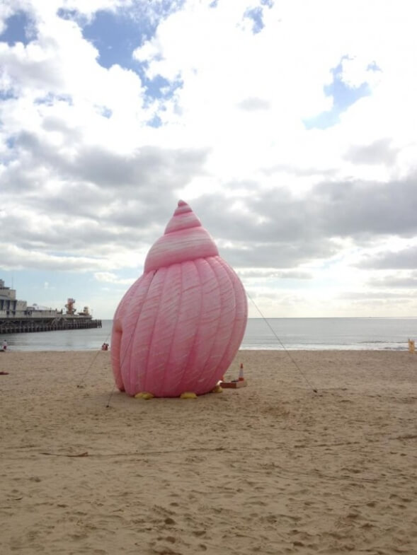 Inflatable pink shell on Bournemouth beach