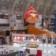 angry bird inflatable hovers over exhibition stand