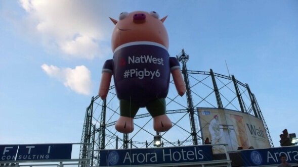 Natwest Pigby6 inflatable floats outside Arora Hotels