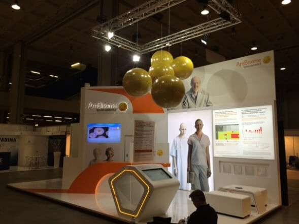 Medical show stand with inflatable spheres suspended above