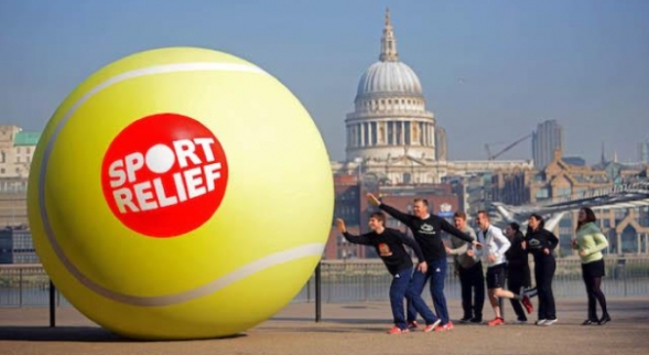 Inflatable tennis ball with sport relief logo