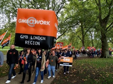 GMB union demonstrating with large inflatable cube