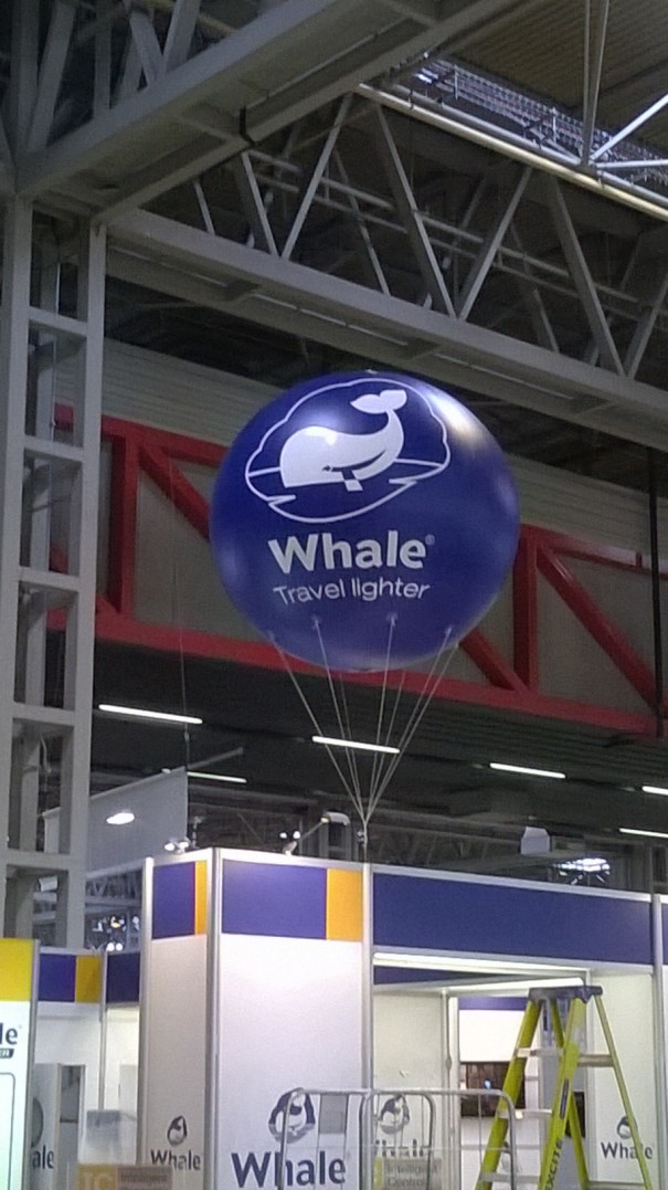 Inflatable sphere above Whale Pumps stand at the Caravan and Camping show at the NEC