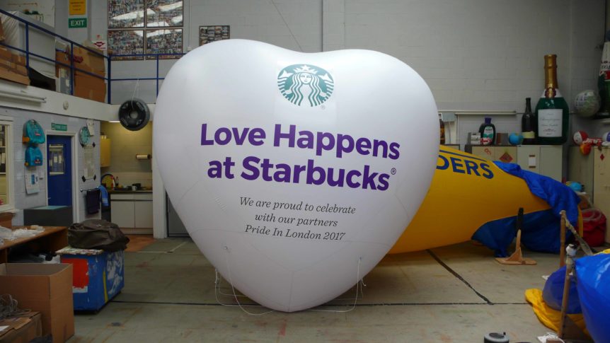 inflatable heart with starbucks logo