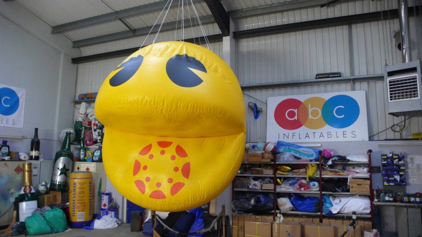Inflatable Pacman suspended in workshop