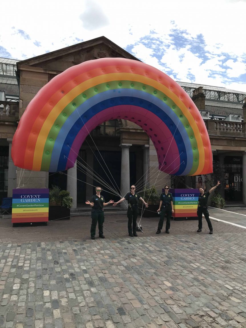 NHS staff with giant inflatable rainbow at Covent Garden
